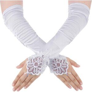 Women's White Finger Loops Embroidery Satin Long Gloves Stretch Floral Party